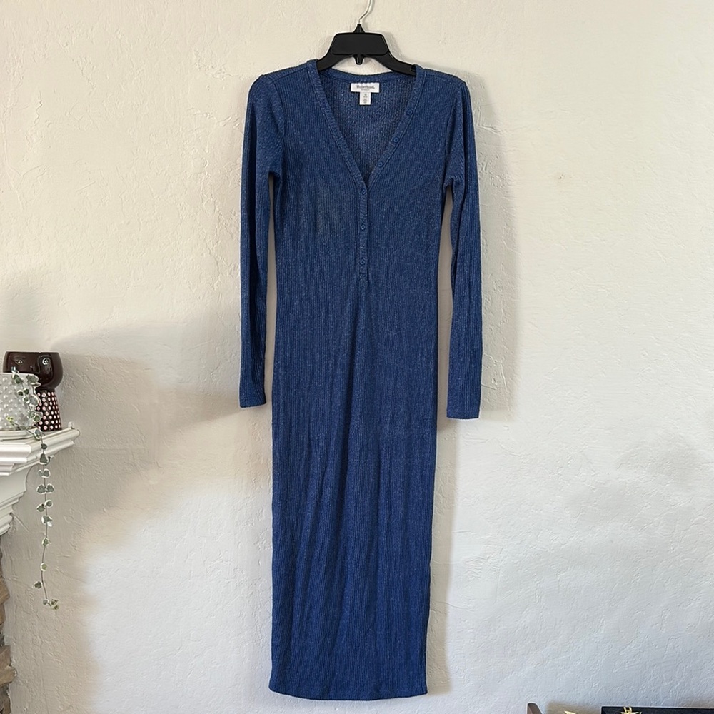 Motherhood Maternity Blue V-Neck‎ Long Sleeve Bodycon Dress
